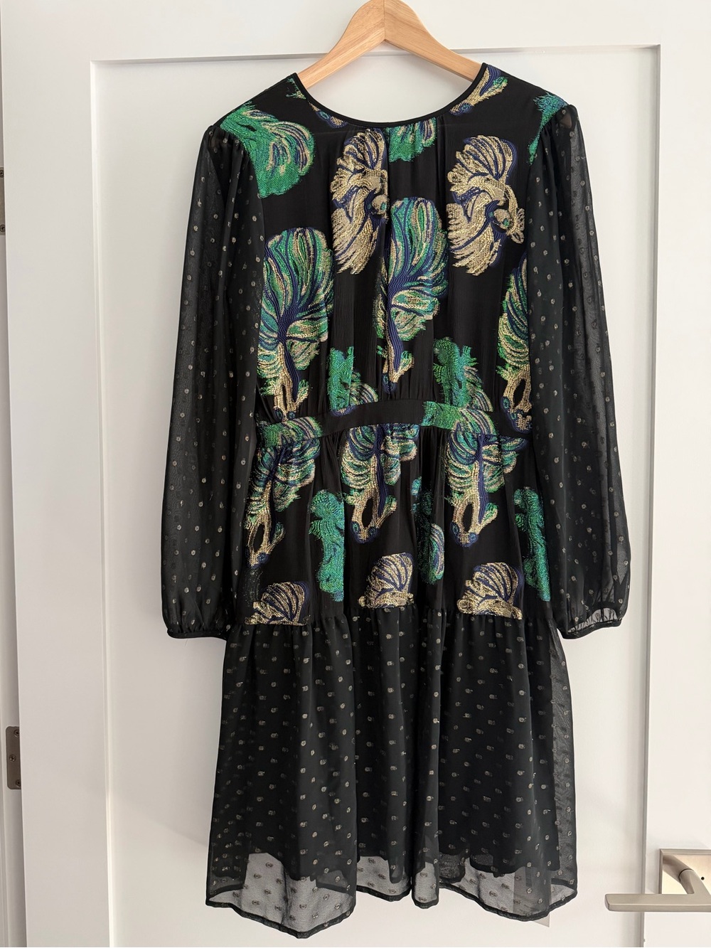 Cynthia Rowley Black Long-Sleeve Dress with Green and Gold Embroidery